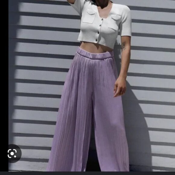 Lilac Elastic Waist Pleated Wide Leg Pants - Picture 1 of 4